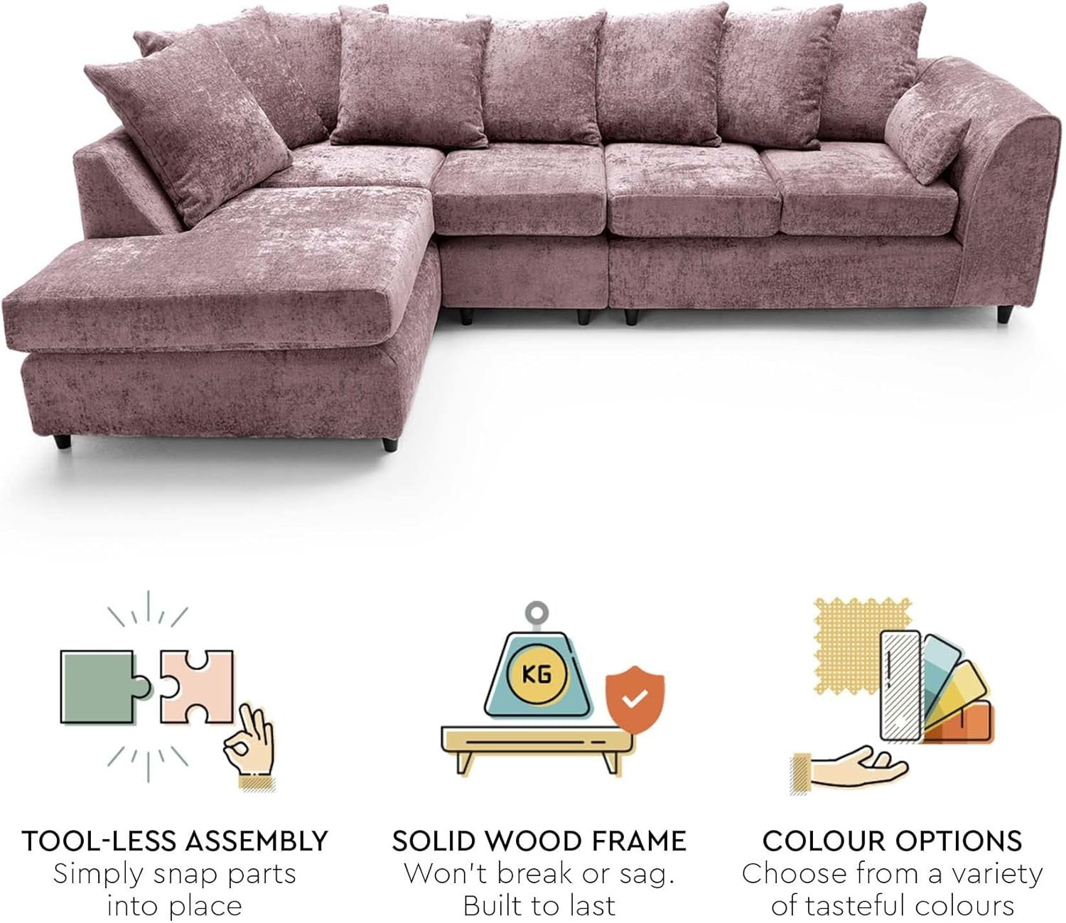 Large Pink Chenille Corner Sofa – Modern L Shape 5 Seater Couch w/ Covers