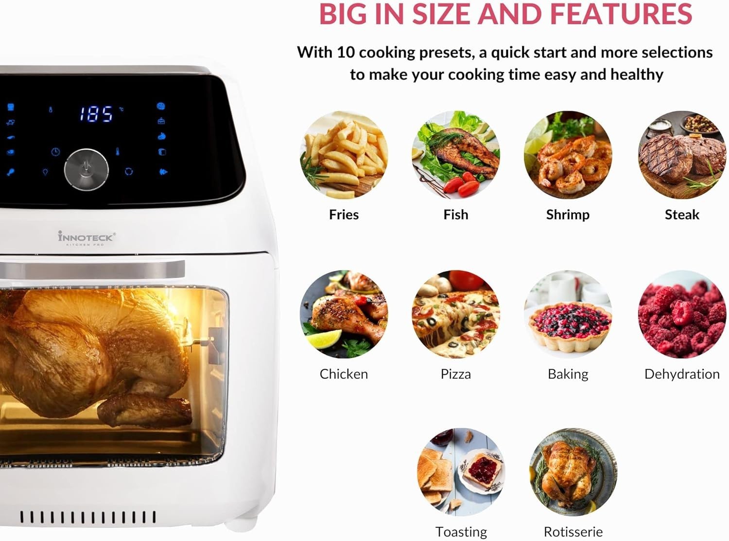 16L Air Fryer Oven Rotisserie 1800W 10 Presets Touchscreen Window white