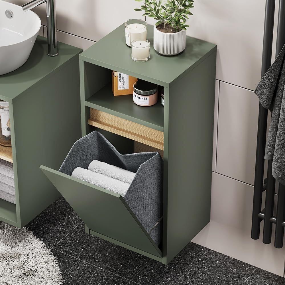 Bathroom Laundry Cabinet with Basket Slim Storage Unit Green Modern Cupboard