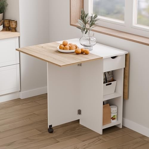 Drop Leaf Folding Dining Table with Drawer Shelves Wheels Oak White Small Space