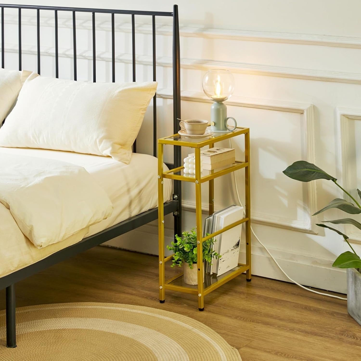 Slim Glass Side Table Gold 3 Tier Narrow End Table with Storage for Sofa Bed