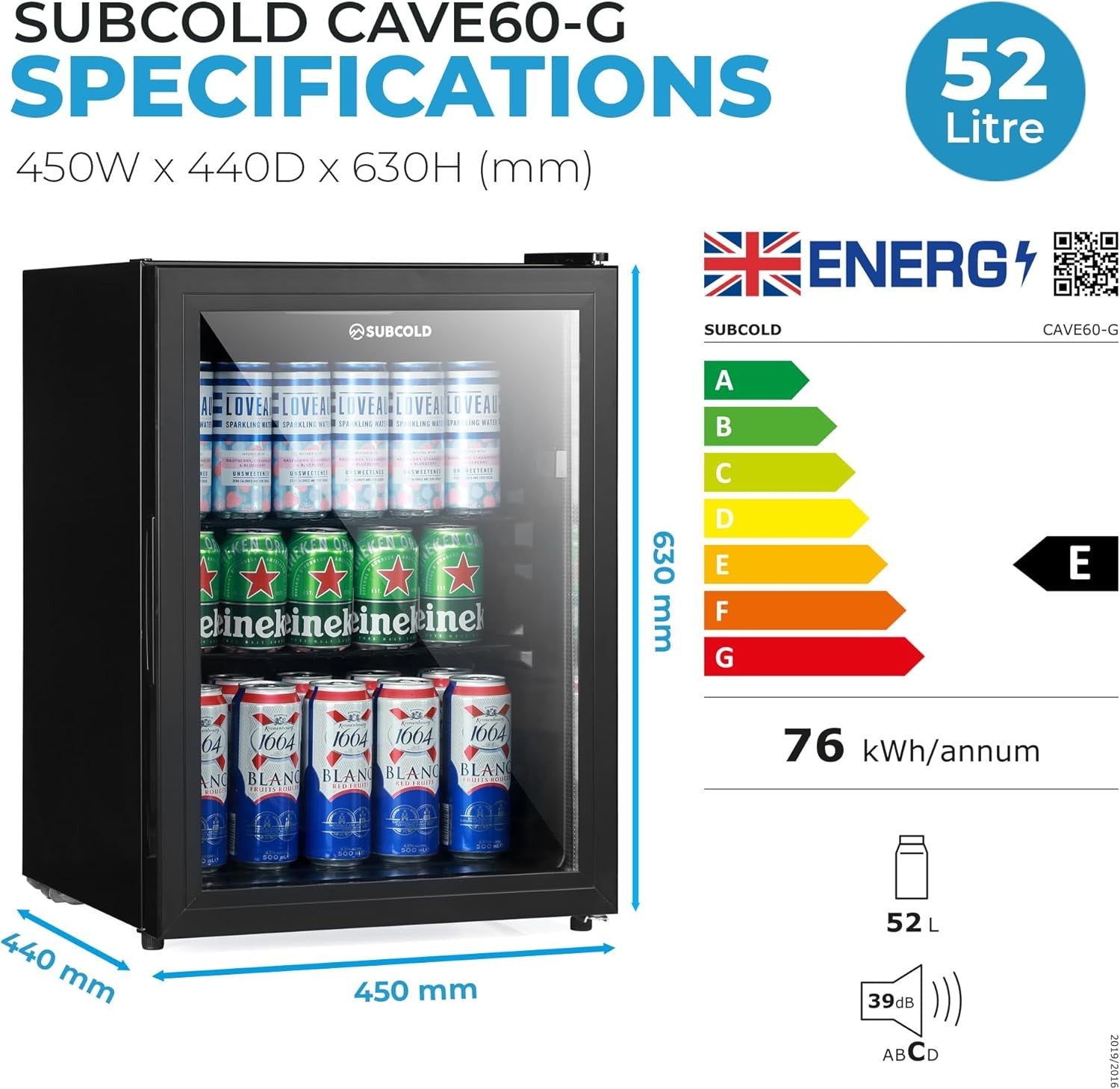 Mini Drinks Fridge Glass Door LED Quiet 54L 54 Cans Home Bar Black