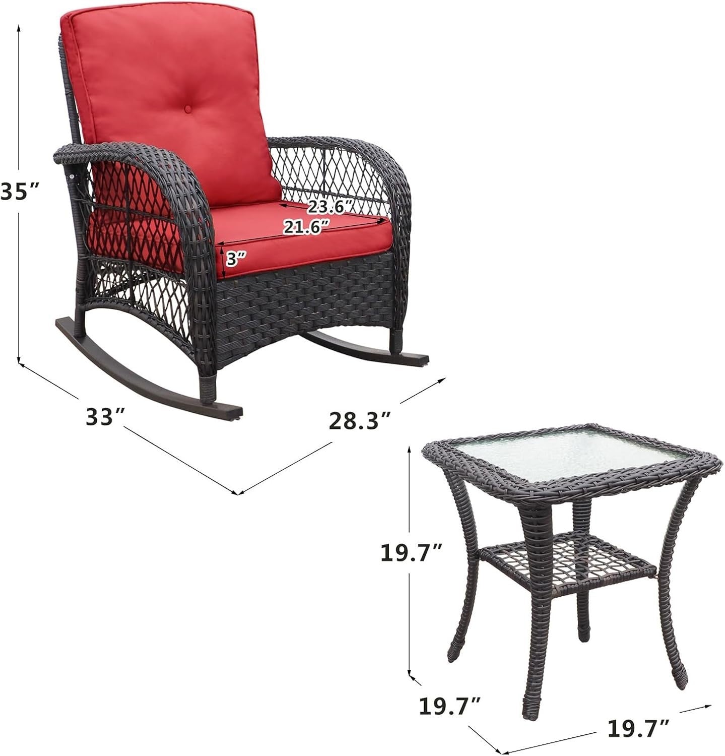 2 Seater Rocking Rattan Bistro Set Patio Chairs with Cushions Glass Table