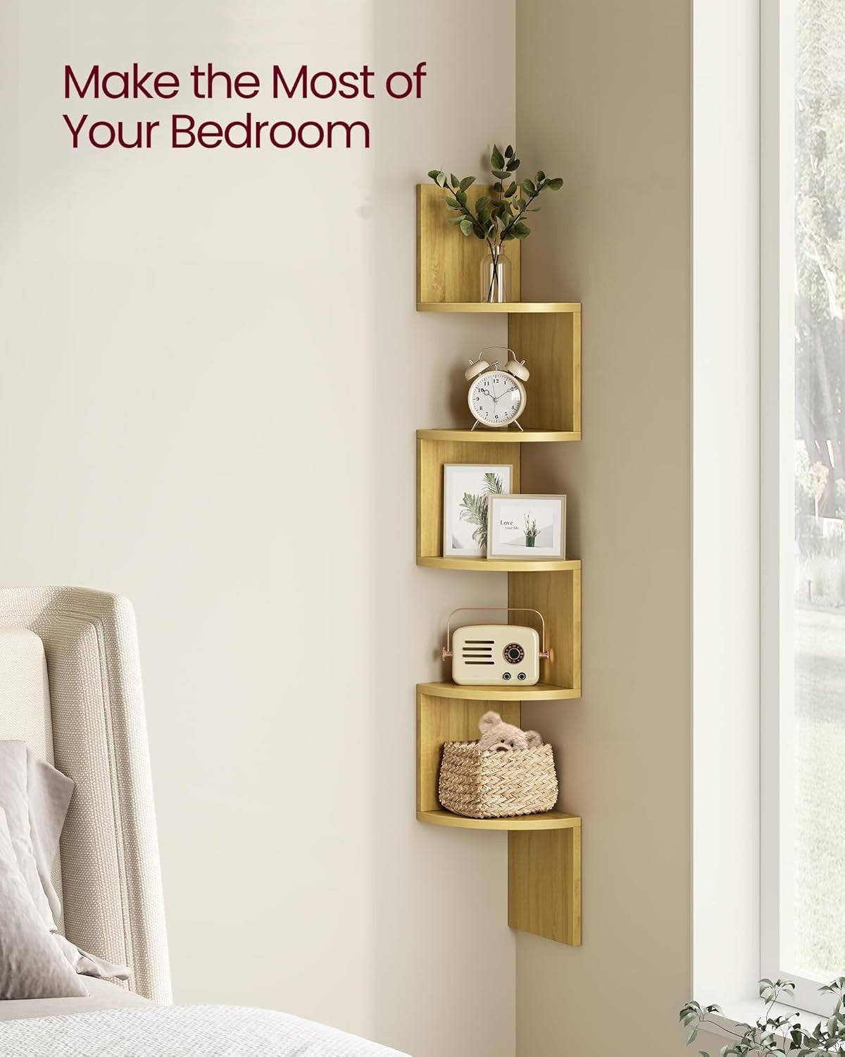 5 Tier Corner Wall Shelf Natural Oak Floating Zigzag Display Unit 126cm