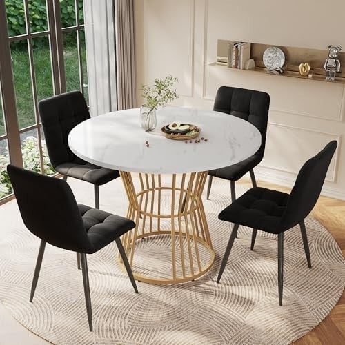Extendable Folding Dining Table with Storage Drawers Marble White Gold