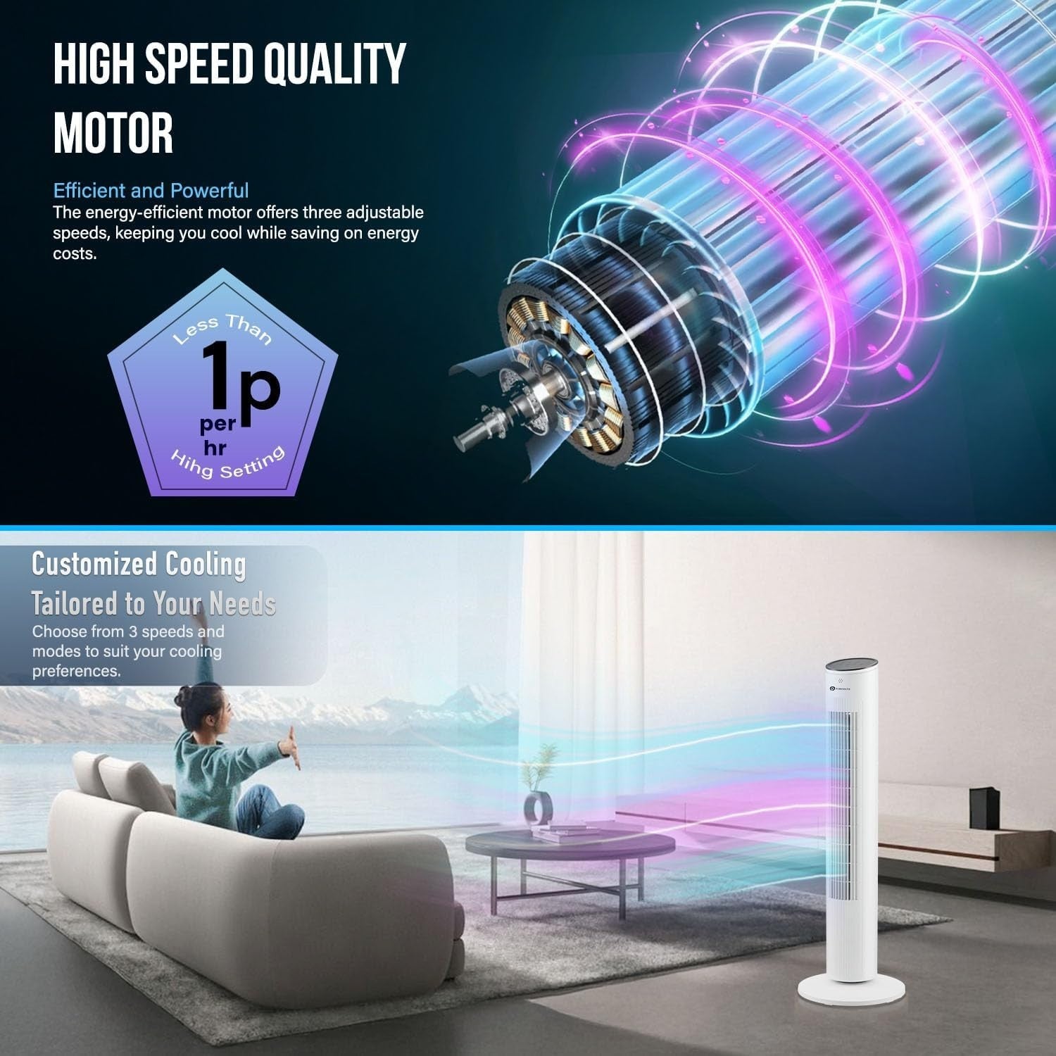 Cool Bladeless Tower Fan 43in – 3 Speed Remote Control Quiet Standing Fan White
