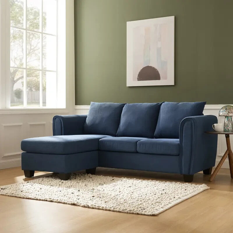 Blue Cord 3 Seater Sofa With Chaise Reversible Cushions Deep Seat UK Made