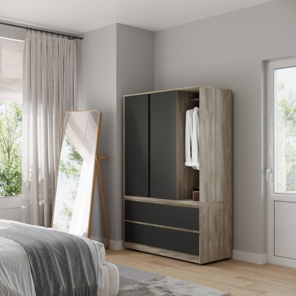Black Sliding Door Wardrobe with 4 Drawers & Metal Hanging Rail Storage