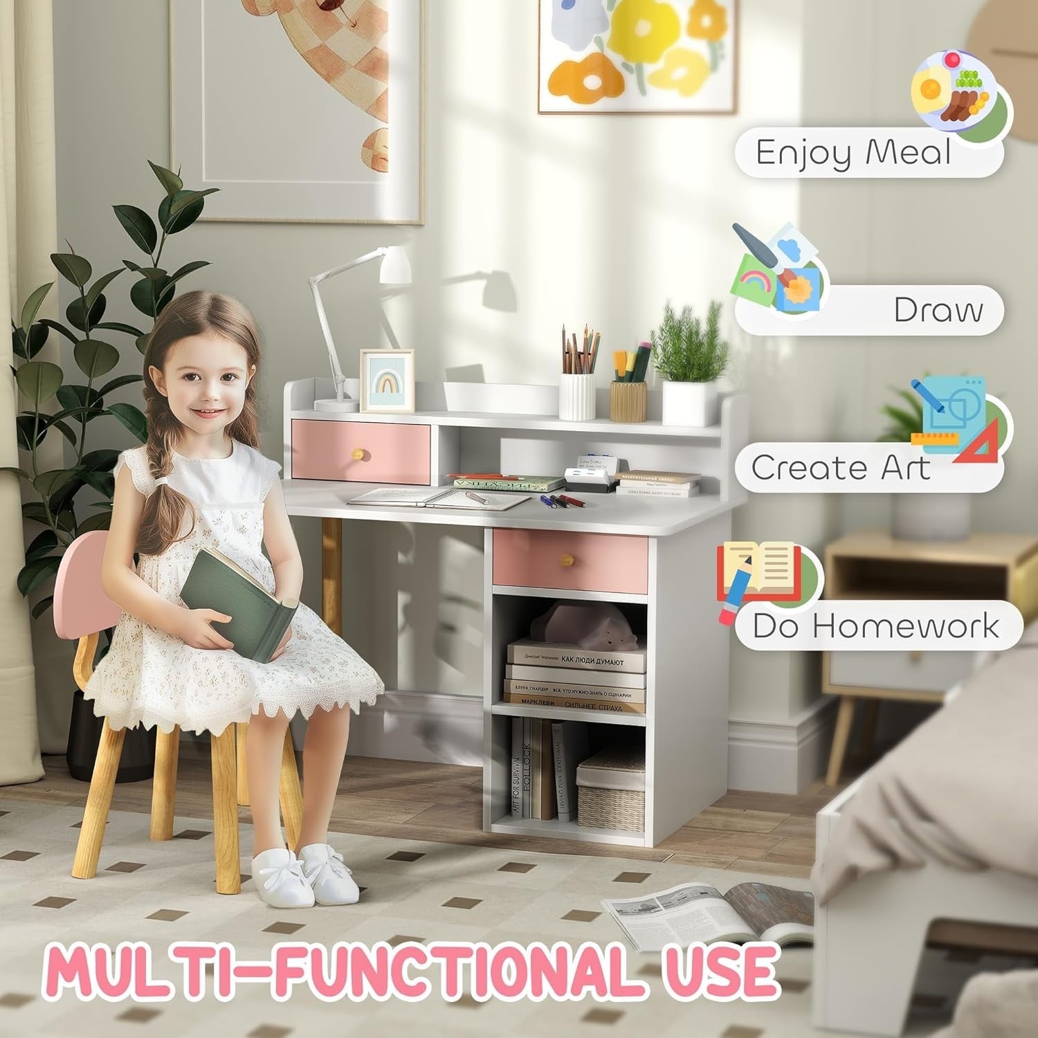 Kids Study Desk & Chair Set with Hutch, Storage Drawers, Pink for Ages 3-8
