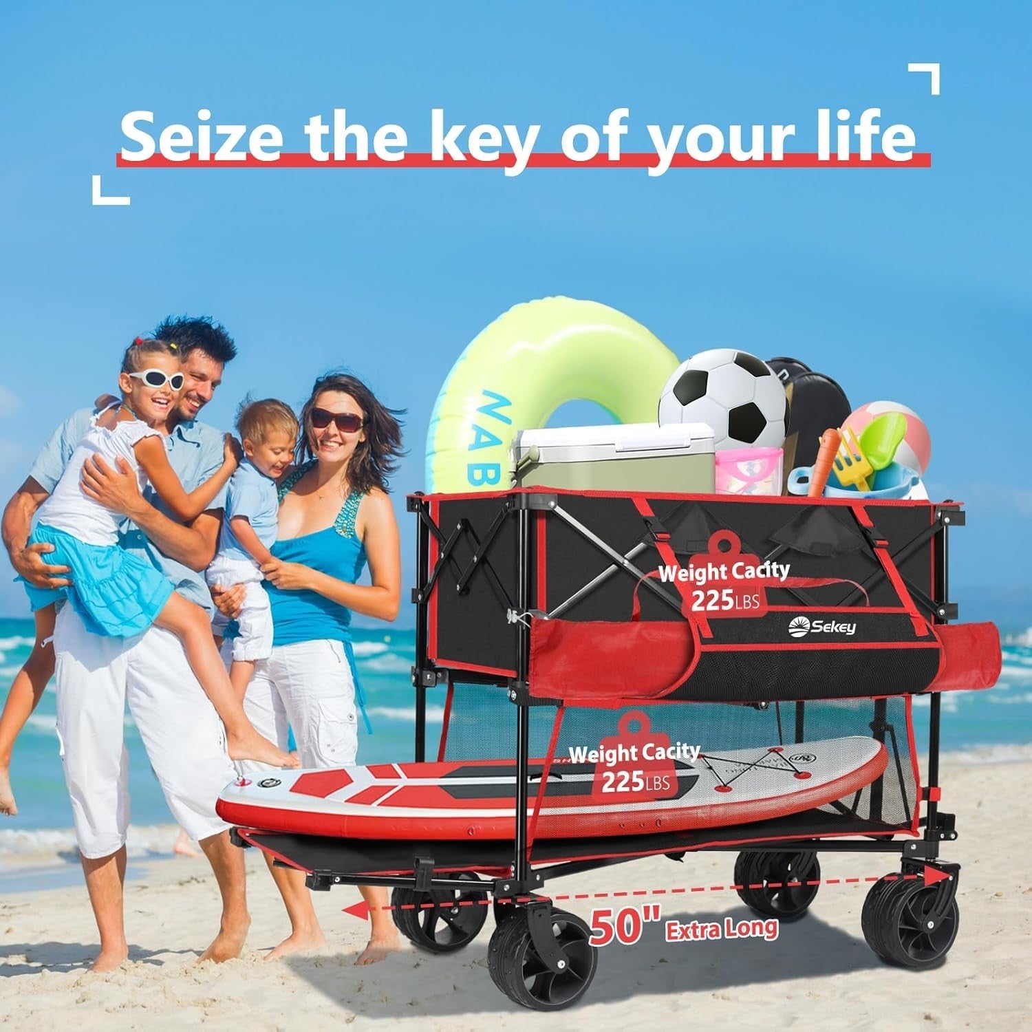 Red Black 400L Double Decker Folding Wagon Extra Long 450lbs All-Terrain Cart