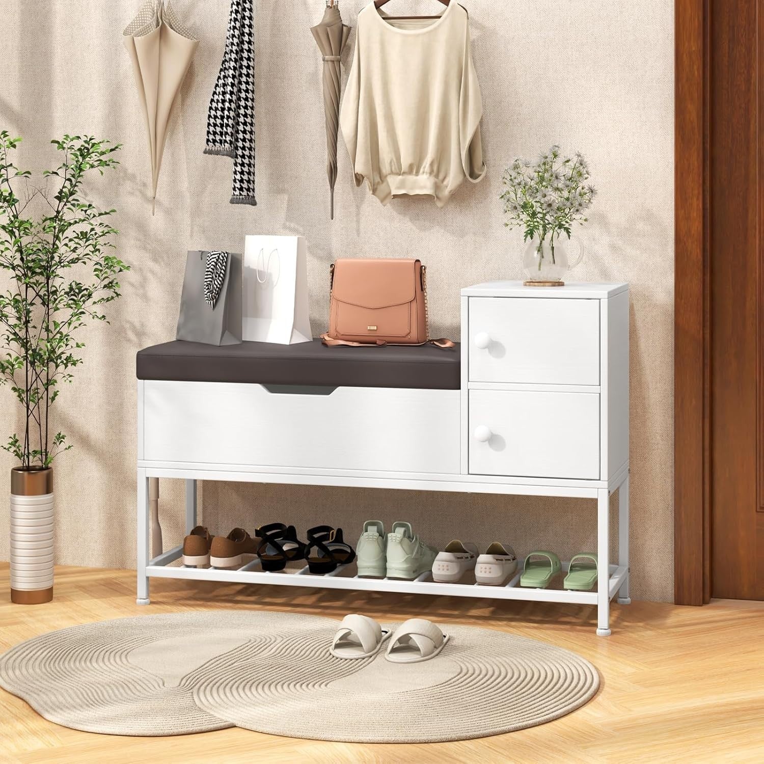White Shoe Storage Bench with Cushion & Flip Top | 2-Door Hallway Cabinet