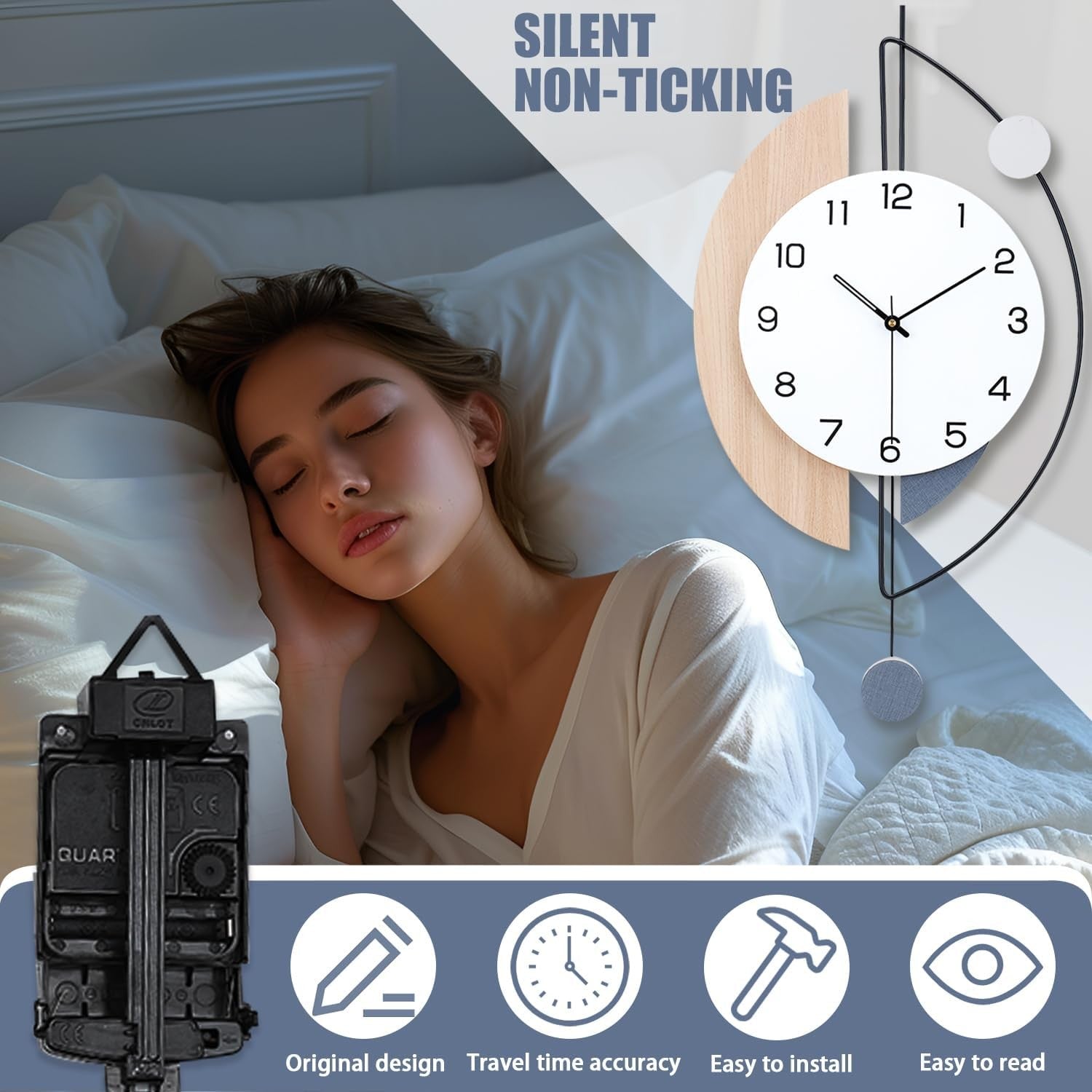 Large Modern Pendulum Wall Clock 36×72cm Silent Quartz Hanging Decor for Living