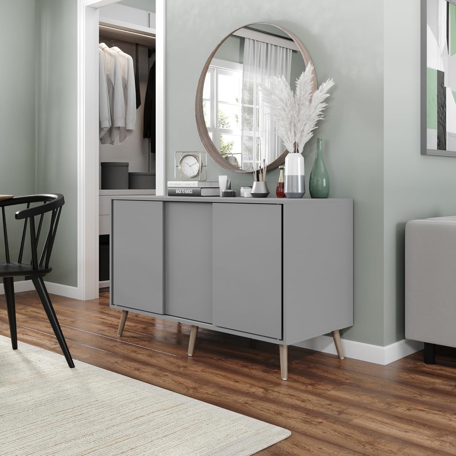 Grey Sideboard Cabinet 3 Door Sliding Storage Unit Modern Beech Legs