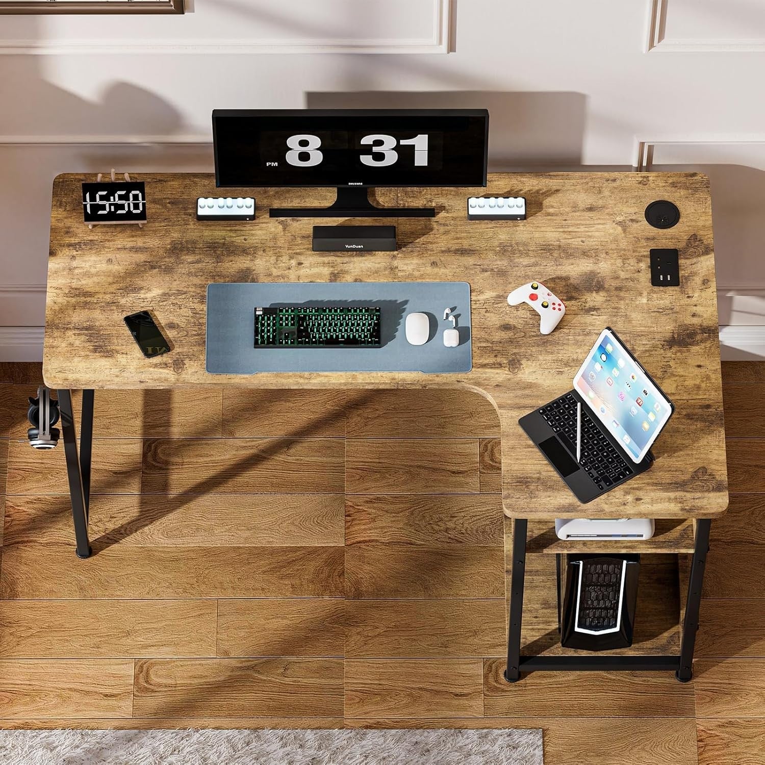 Brown L Shaped Desk with USB Ports 110x80cm Corner Workstation & Shelves