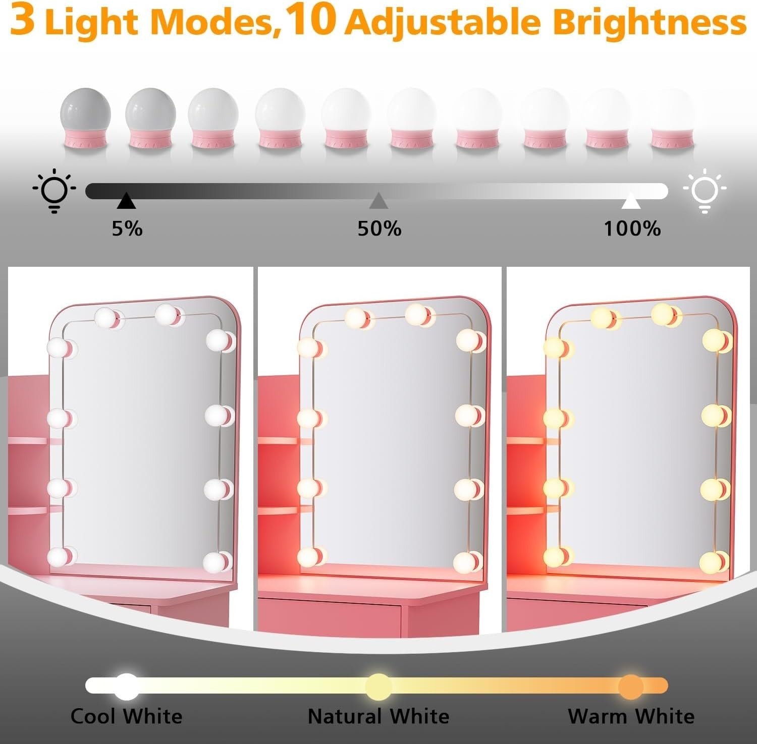 Pink Vanity Makeup Dressing Table Mirror Set Hollywood LED Lights Drawer 66x140c