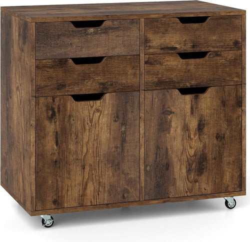 Rustic Mobile File Cabinet 4 Drawer 2 Door Rolling Printer Stand