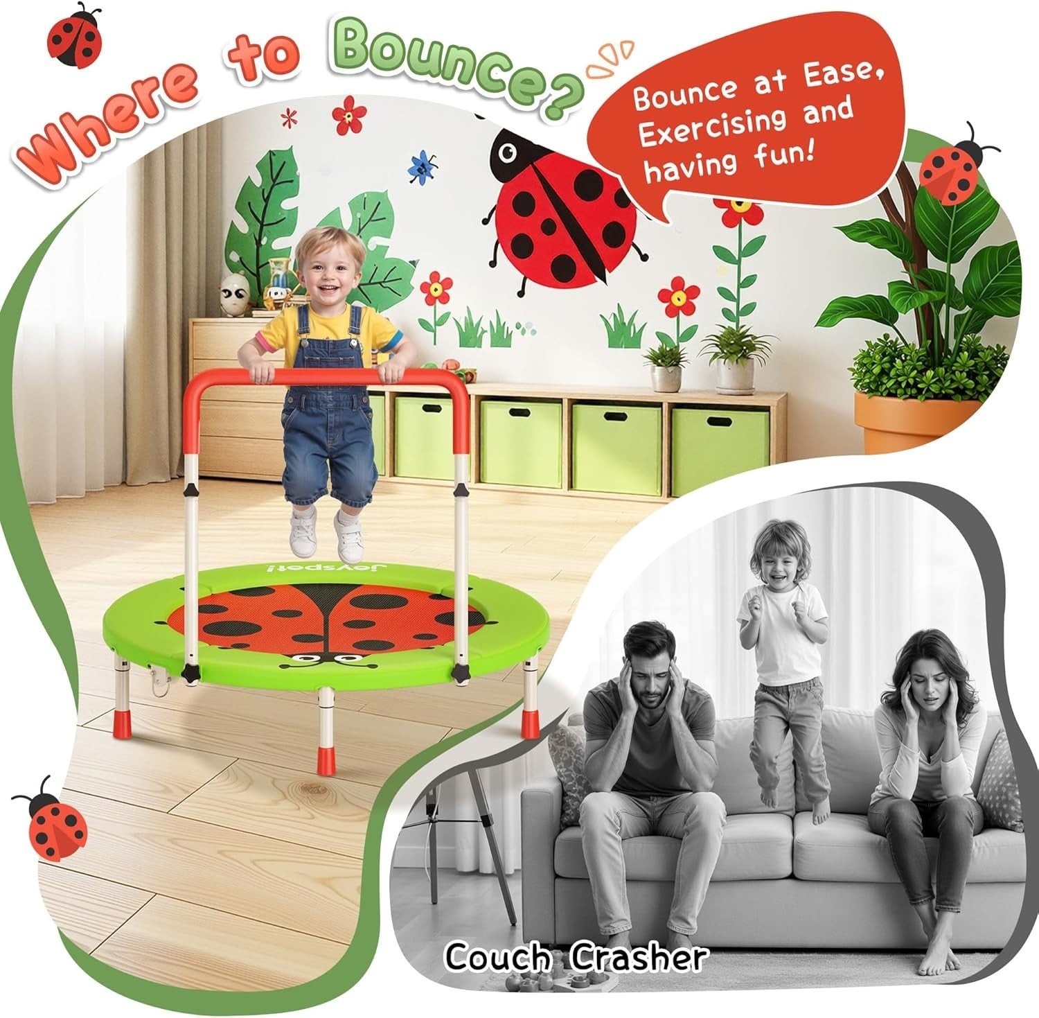 3FT Toddler Trampoline Foldable Mini Jumper Adjustable Handle Kids 36”