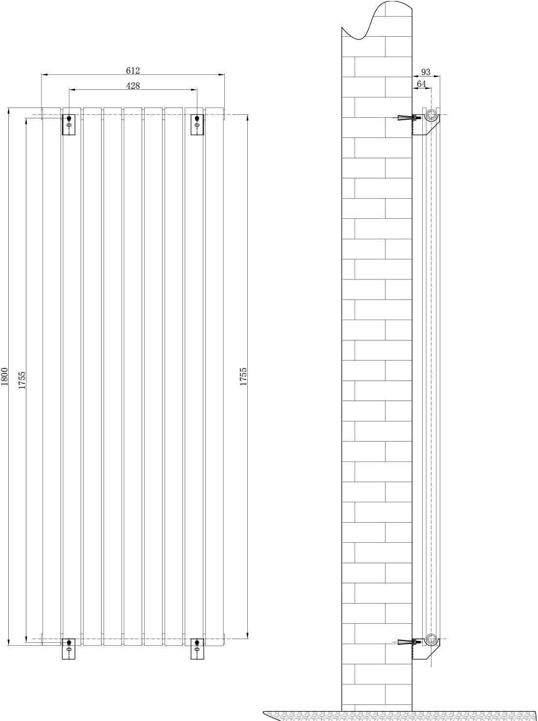 1800x610mm White Vertical Radiator Double Column Flat Panel Wall Mounted
