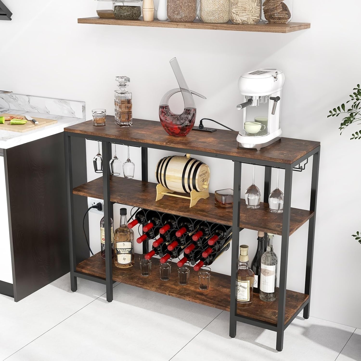 Wine Bar Cabinet with Tabletop, 15 Bottle Rack, Shelves, USB & AC Charging Ports