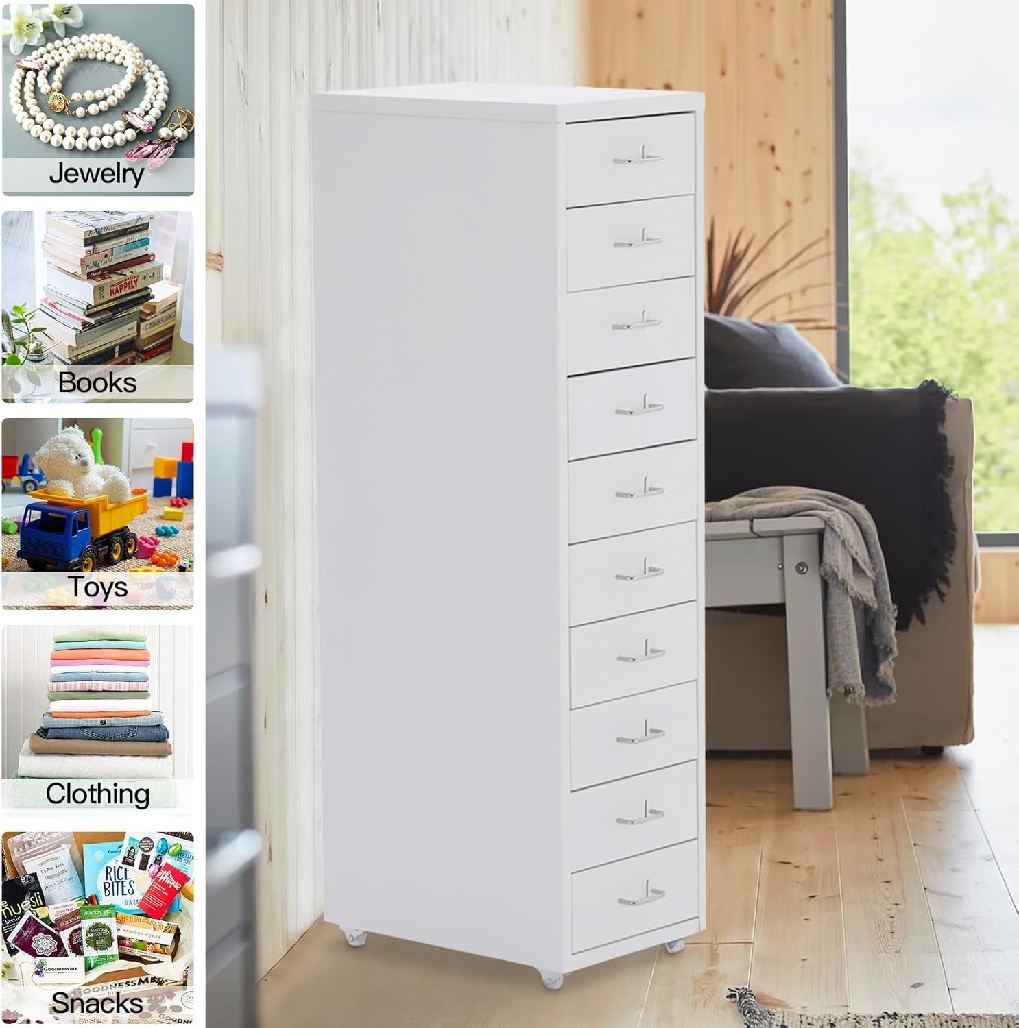 White Slim Rolling Drawer Tower 10 Tier Metal Office File Storage