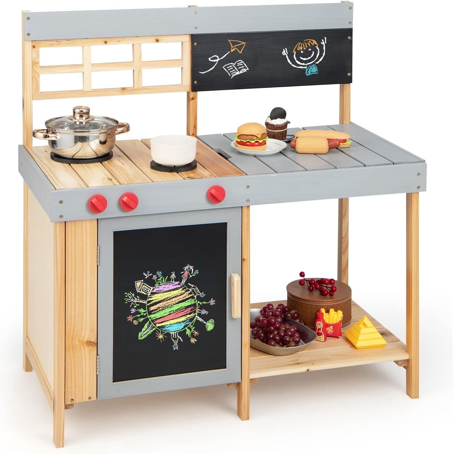 Outdoor Wooden Mud Kitchen Kids Playset Water Box Blackboard Toy