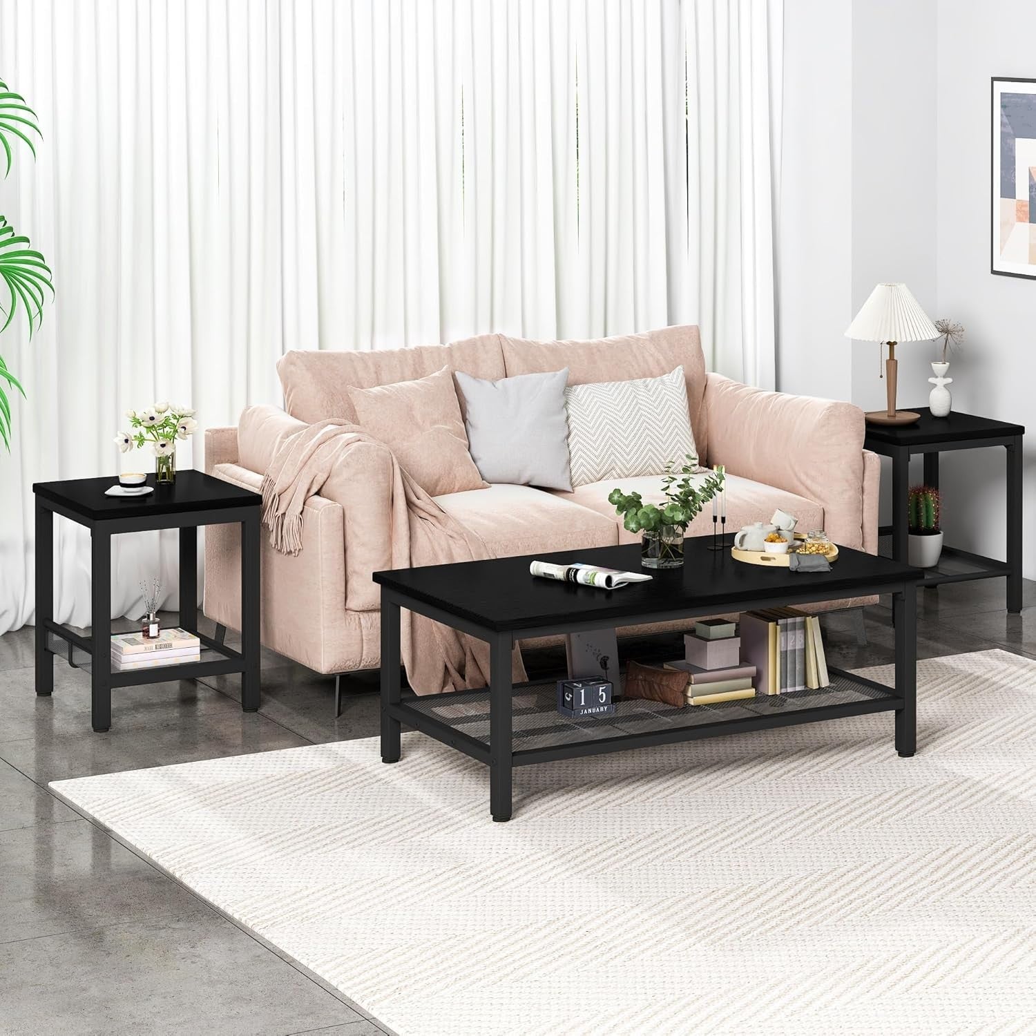 3-Piece Black Industrial Coffee Table Set – Metal Frame, Wood Top, Storage