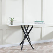 Modern White Glass Console Table with Black Metal Legs – Hallway Accent 120cm