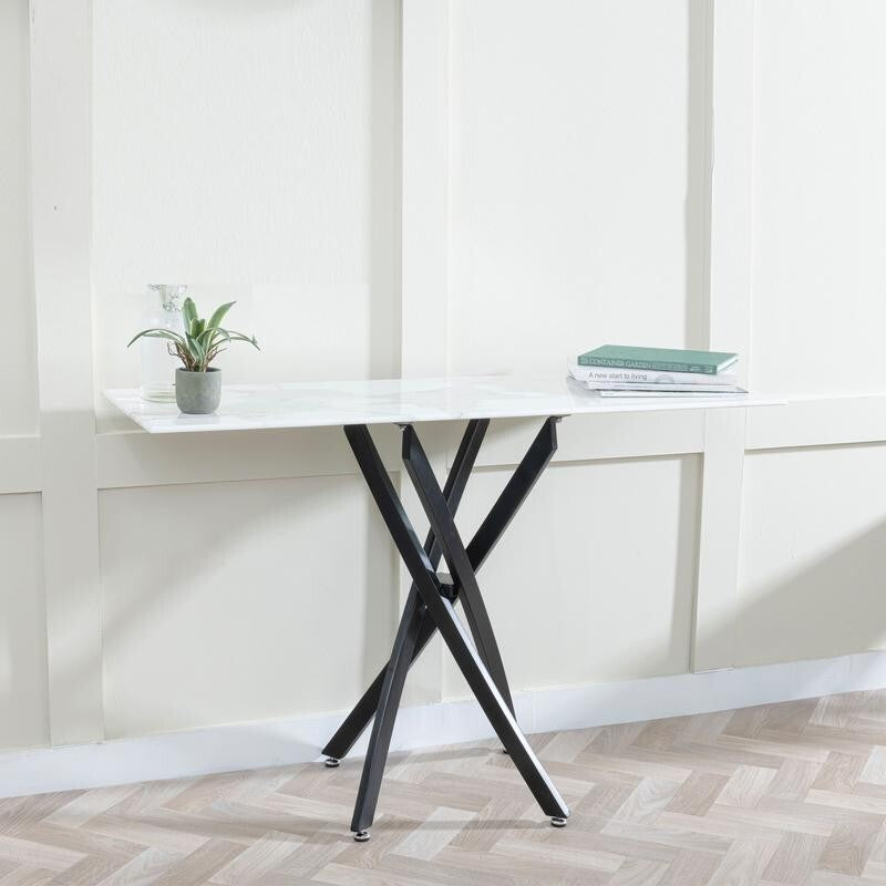 Modern White Glass Console Table with Black Metal Legs – Hallway Accent 120cm