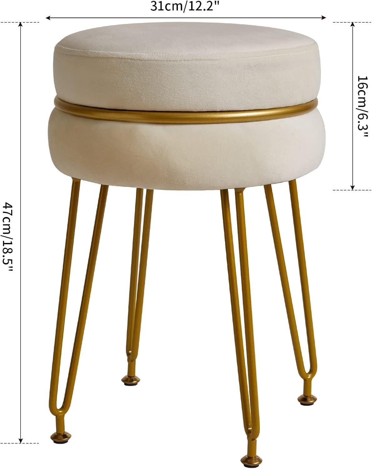 Cream Velvet Round Footstool with Gold Legs – Modern Vanity Stool Seat