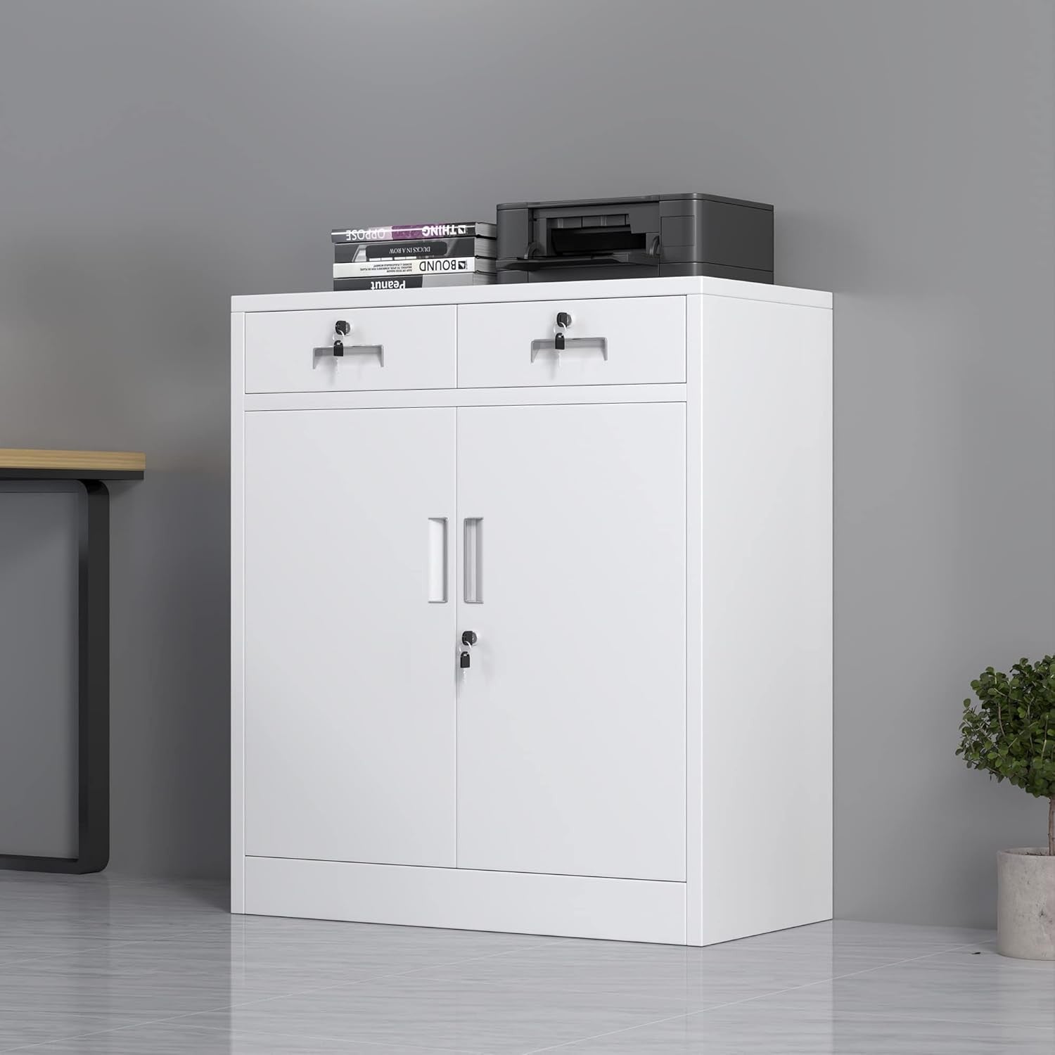 Lockable Metal Storage Cabinet White 2 Door Cupboard 2 Drawers Adjustable Shelf