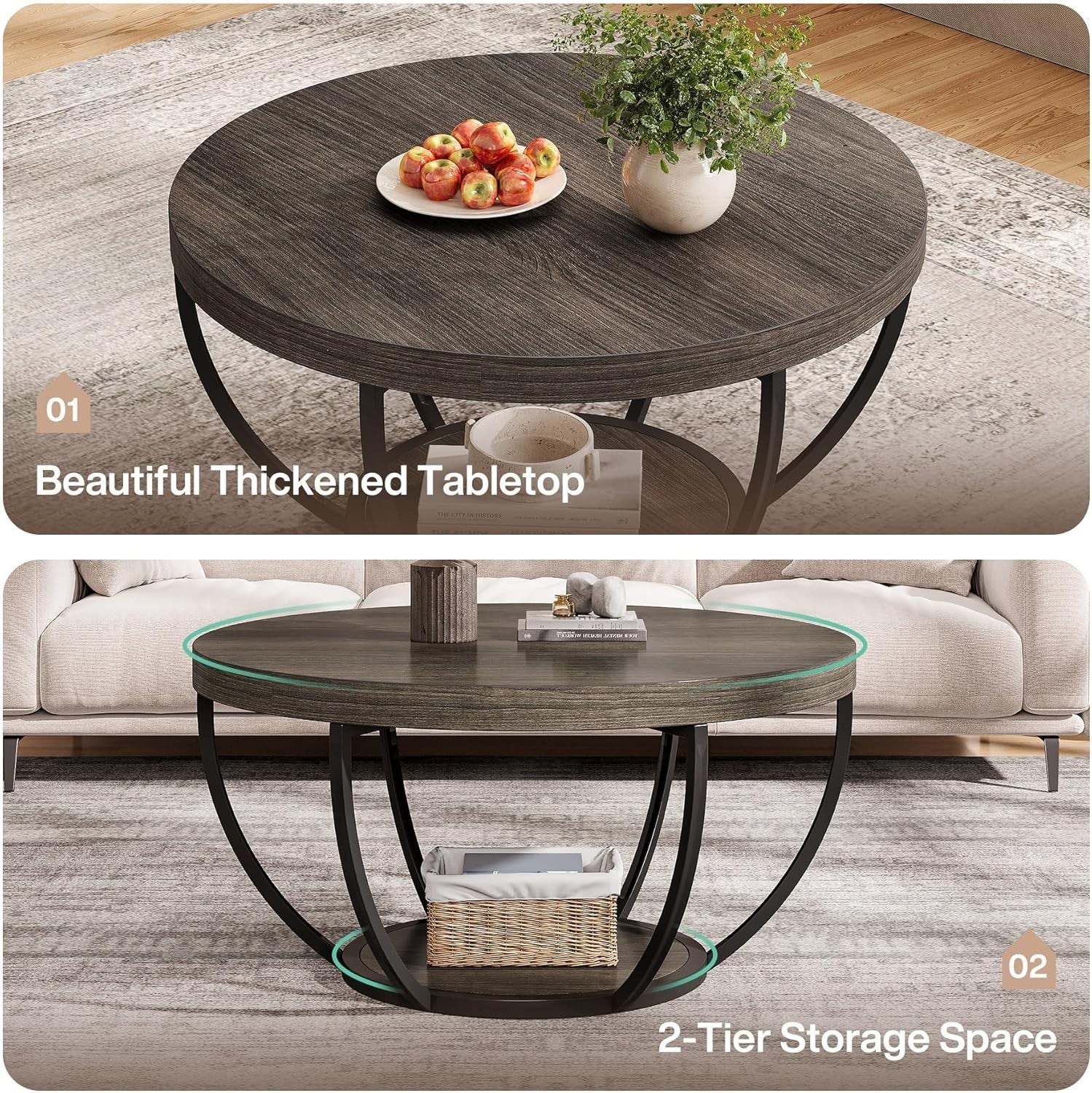Round 2-Tier Coffee Table with Storage, Grey Wood Grain, 80.5x44cm