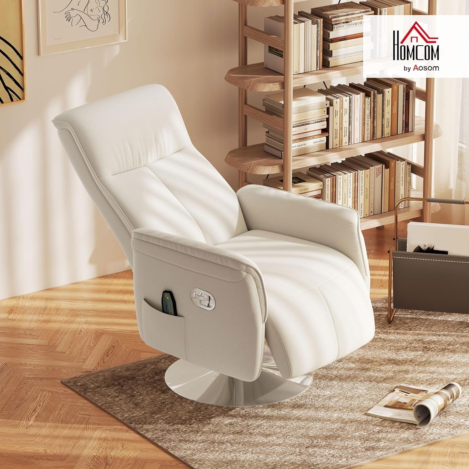 Massage Recliner Chair Footstool 10-Point Swivel Linen Armchair Cream White