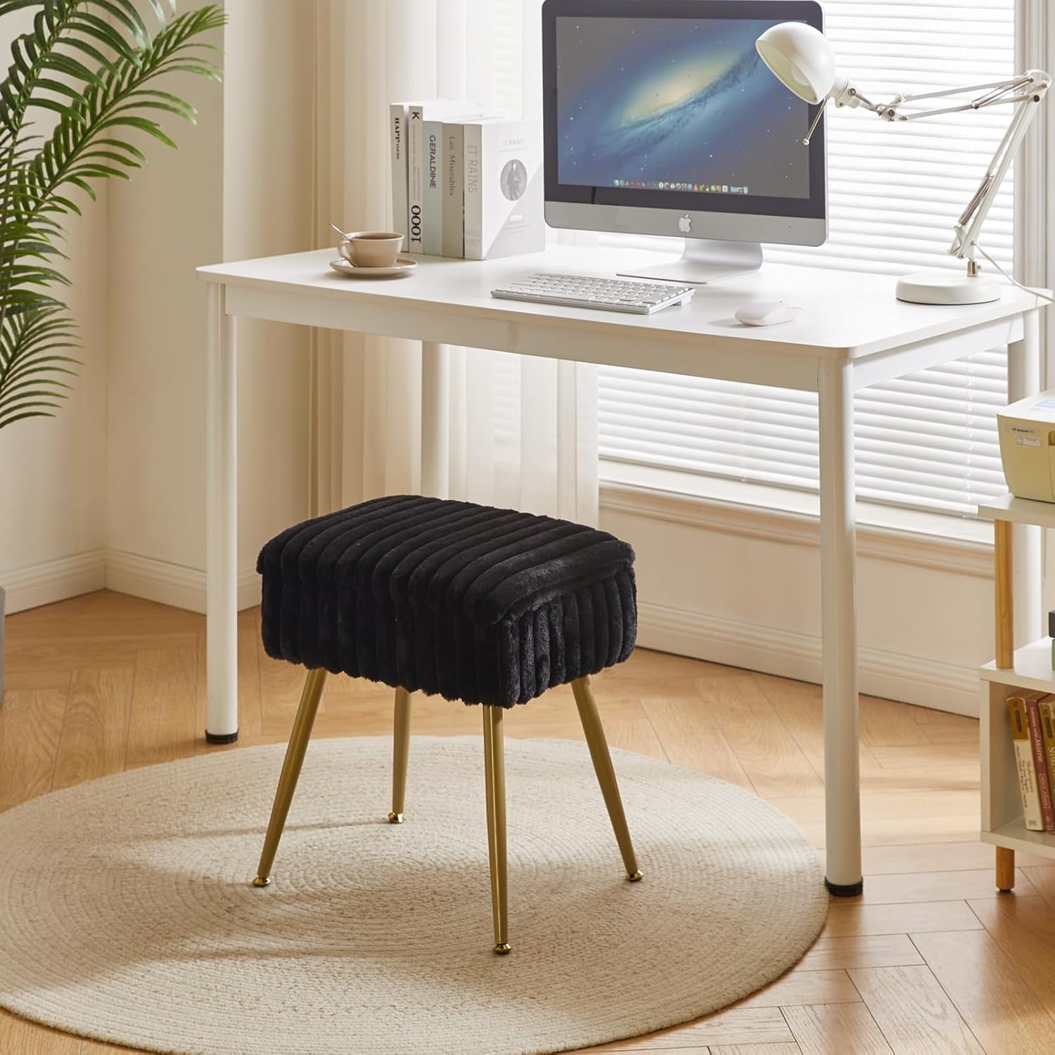 Black Velvet Vanity Stool with Storage – Rectangular Makeup Chair