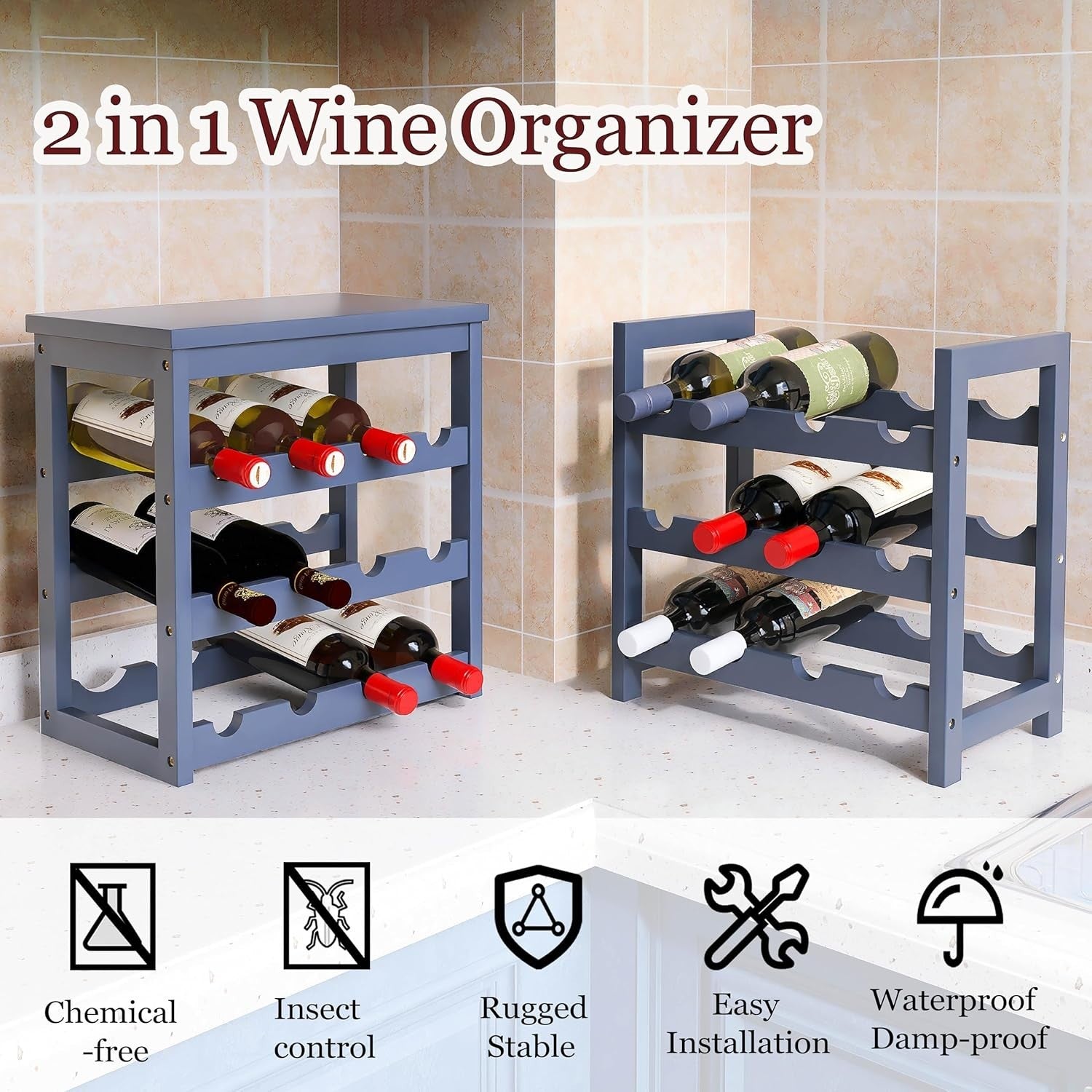 6 Tier 24 Bottle Wine Rack Bamboo Freestanding Storage Shelf Grey Kitchen Bar