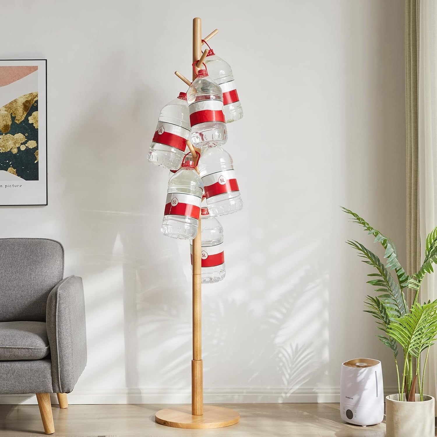 Natural Wooden Coat Rack Stand | 8 Hooks Round Base Hall Tree for Coats Hats