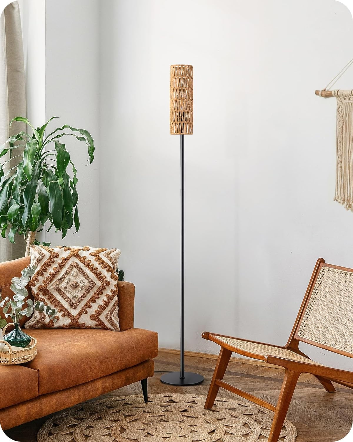 Rattan Floor Lamp Natural Boho Standing Light 165cm E27 LED Warm Glow