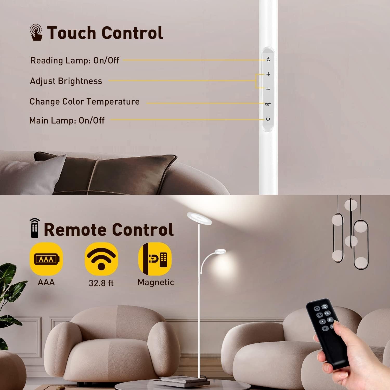 LED Floor Lamp with Reading Light Dimmable Remote Touch Uplighter White