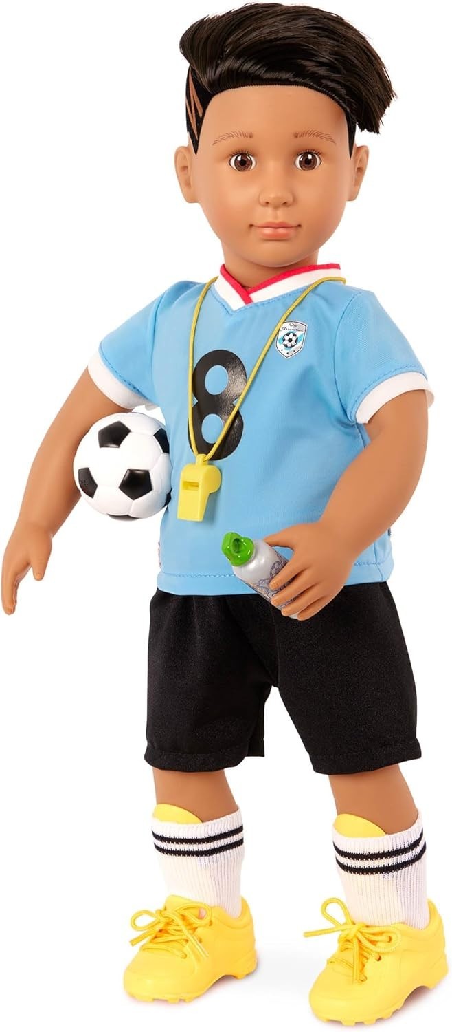 18in Boy Soccer Doll Brown Eyes Poseable Body Sports Playset