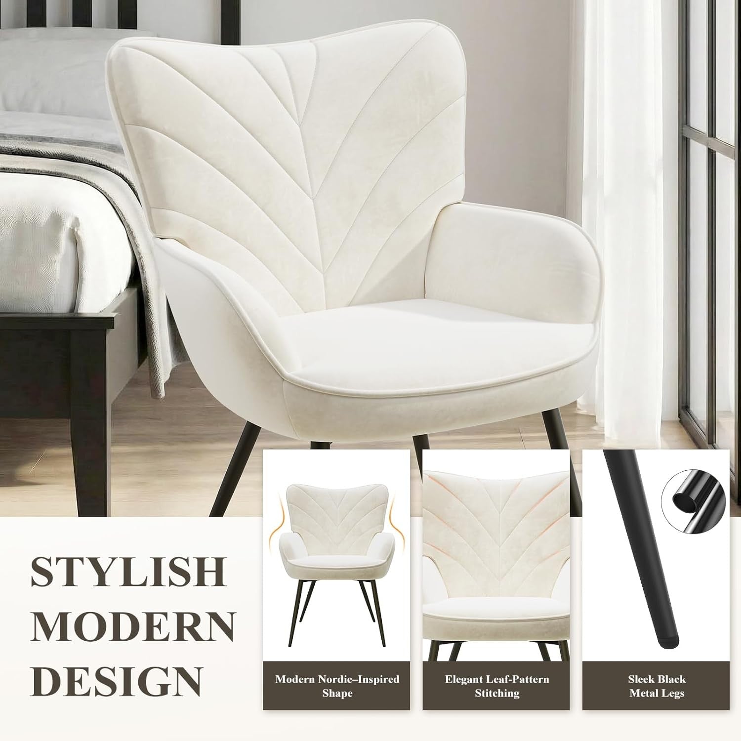 Cream White Velvet Accent Chair Wide Seat Black Metal Legs