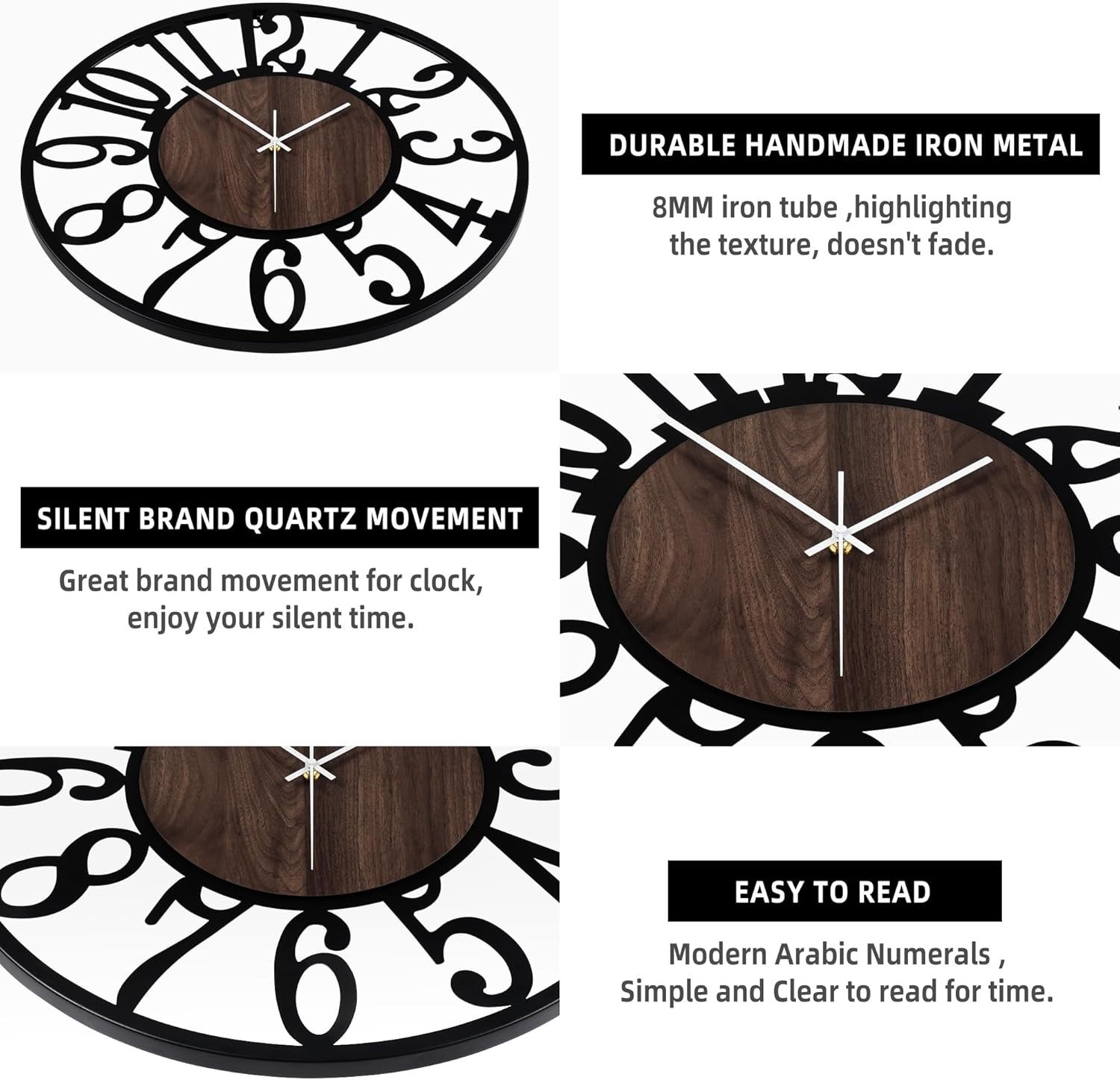 80cm Large Wall Clock Silent Black Arabic Wood Retro Loft Office Decor