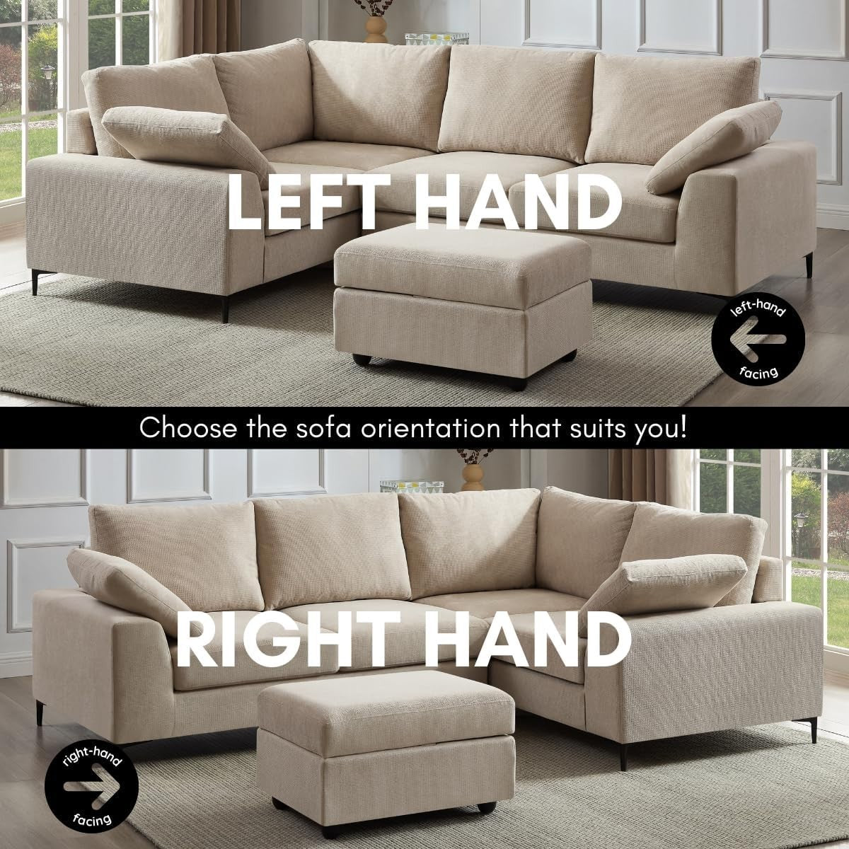 Beige Linen Right Hand Corner Sofa 5 Seater L Shape + Storage Option