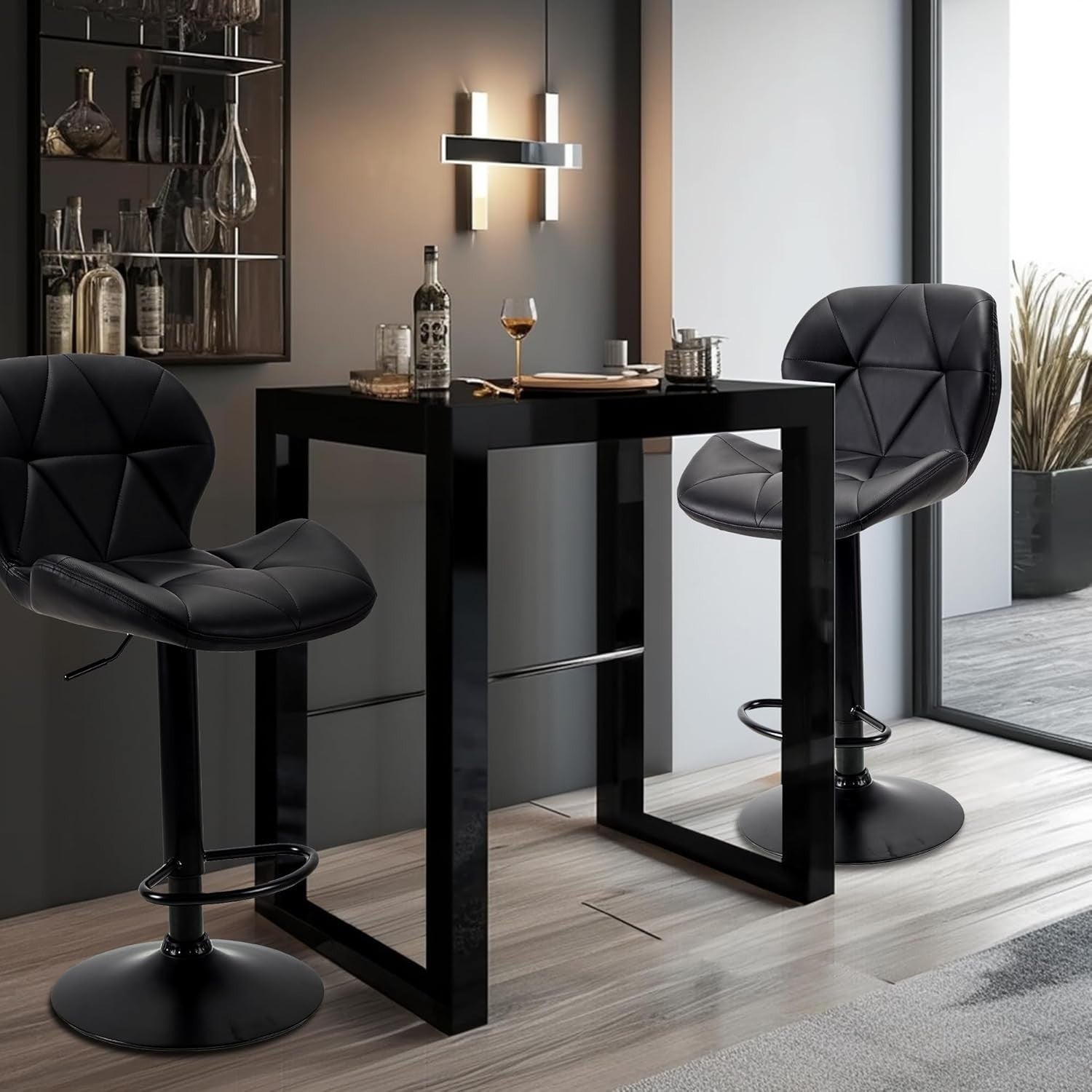 Black Faux Leather Bar Stools Set of 2 – Adjustable Swivel Kitchen Chairs