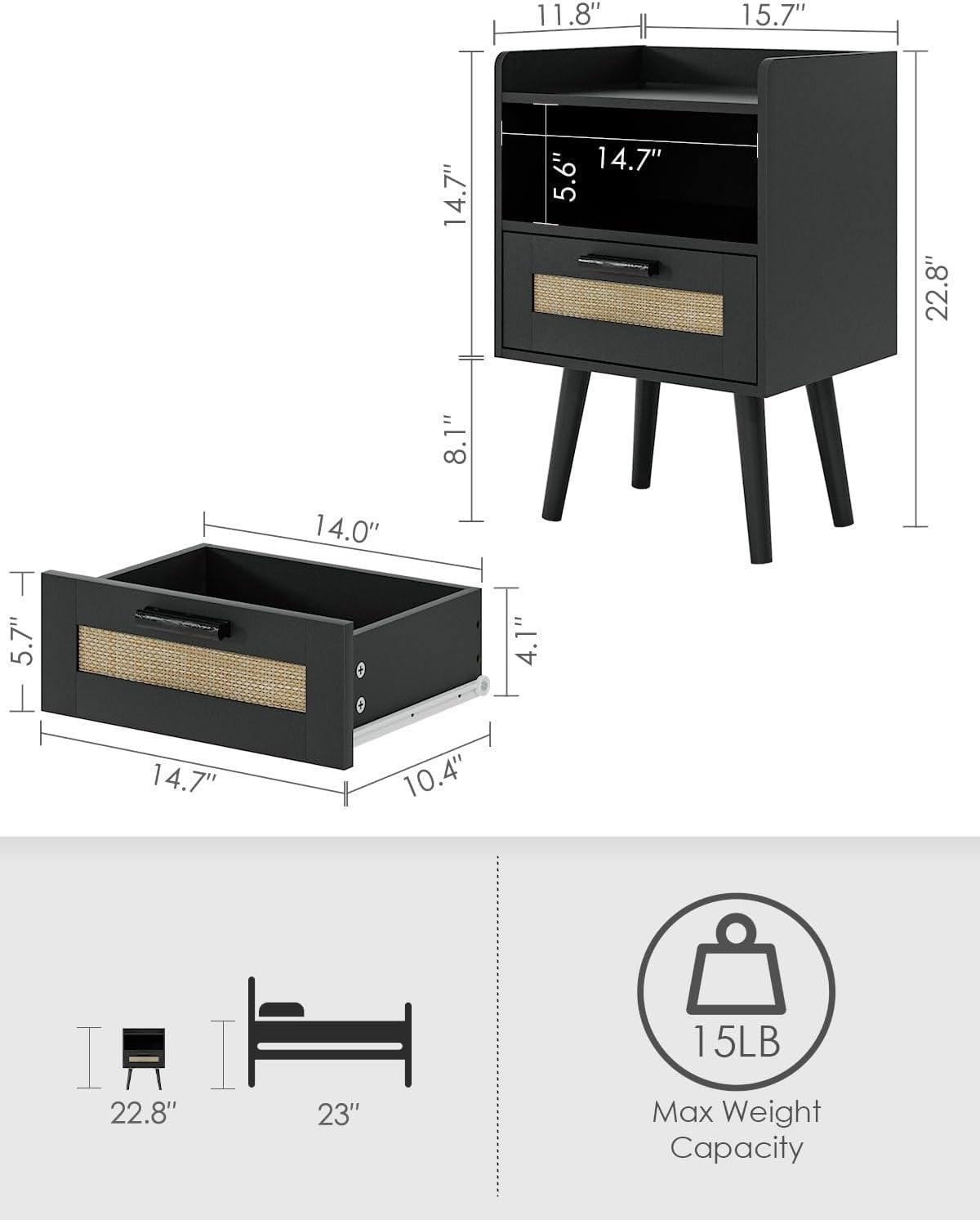 Rattan Bedside Table with Drawer – Modern Wood Nightstand for Bedroom