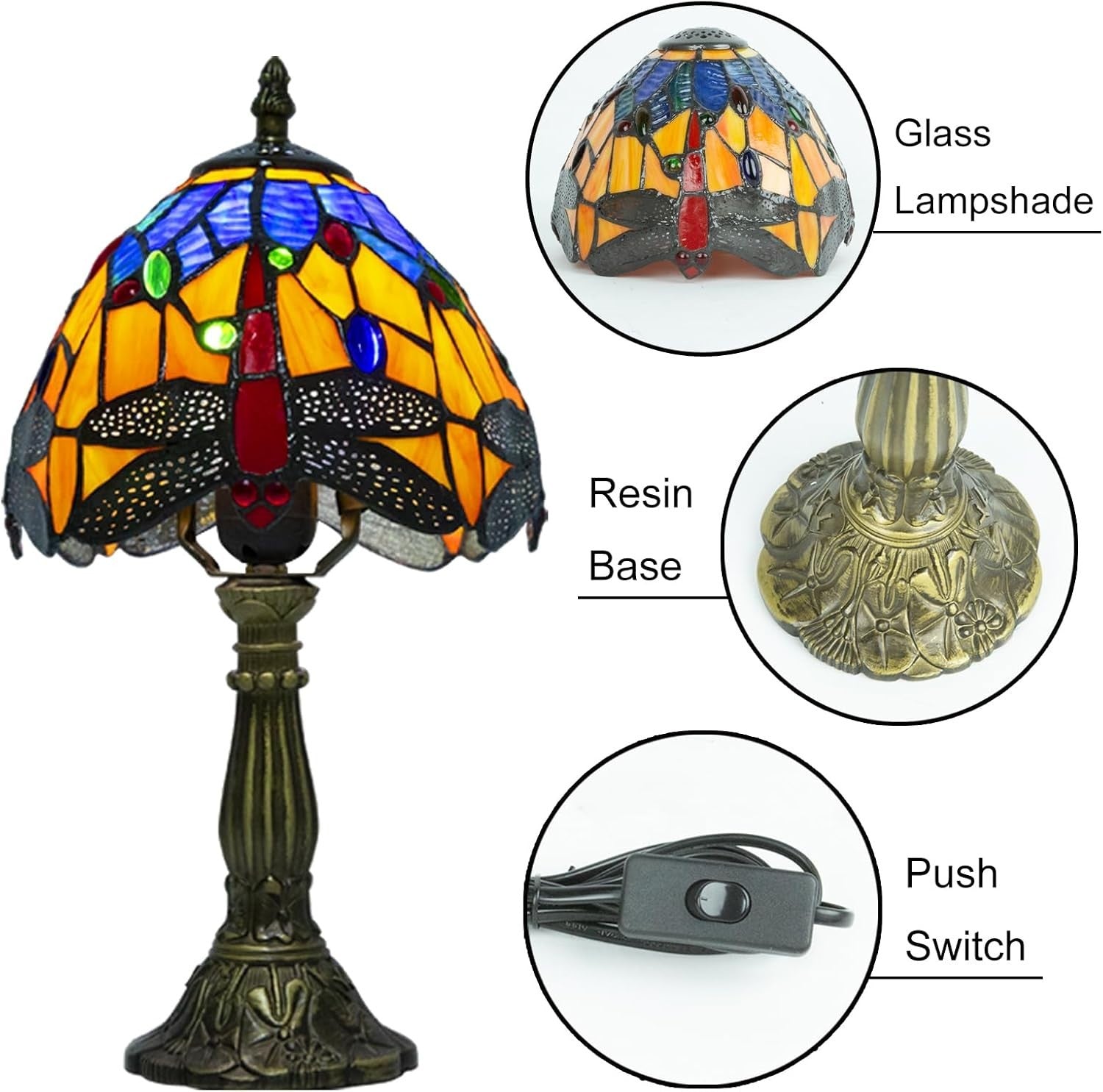 Orange Blue Dragonfly Tiffany Lamp, Dimmable LED, Vintage Resin Base