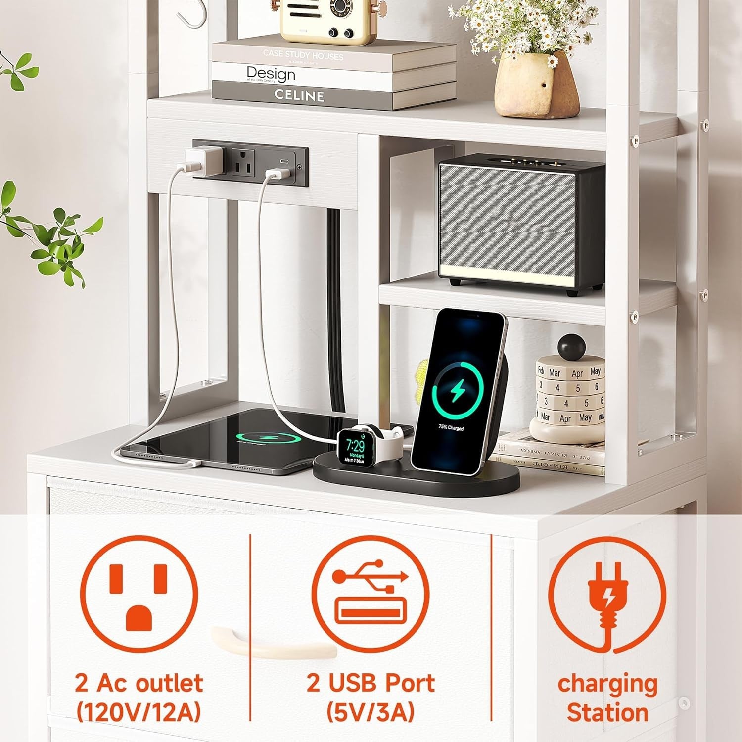 Tall White Bedside Table with LED Lights Charging Ports Shelves Drawers Storage