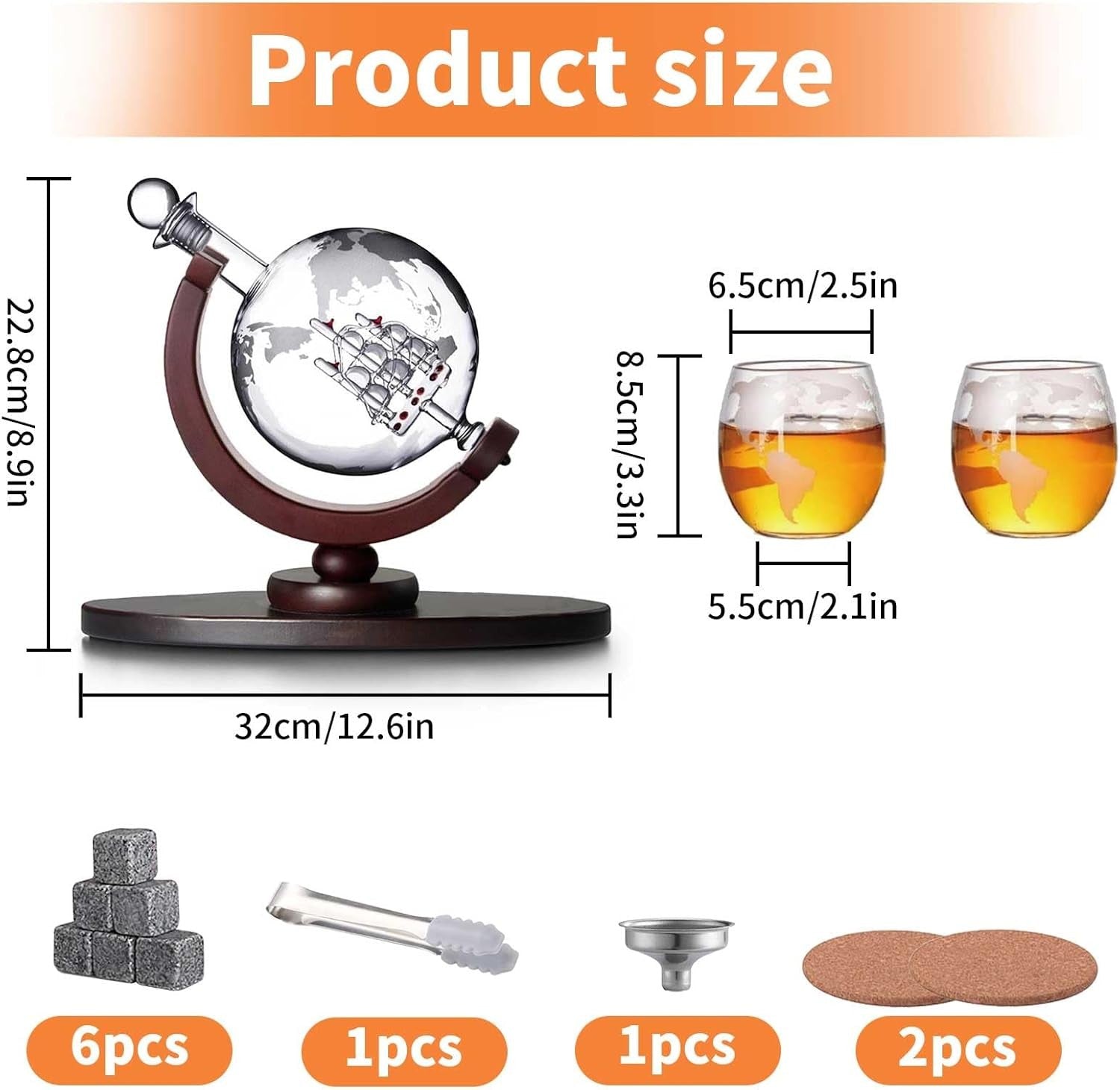 Luxury Globe Whiskey Decanter Set 800ml with Glasses & Ice Stones Gift Set