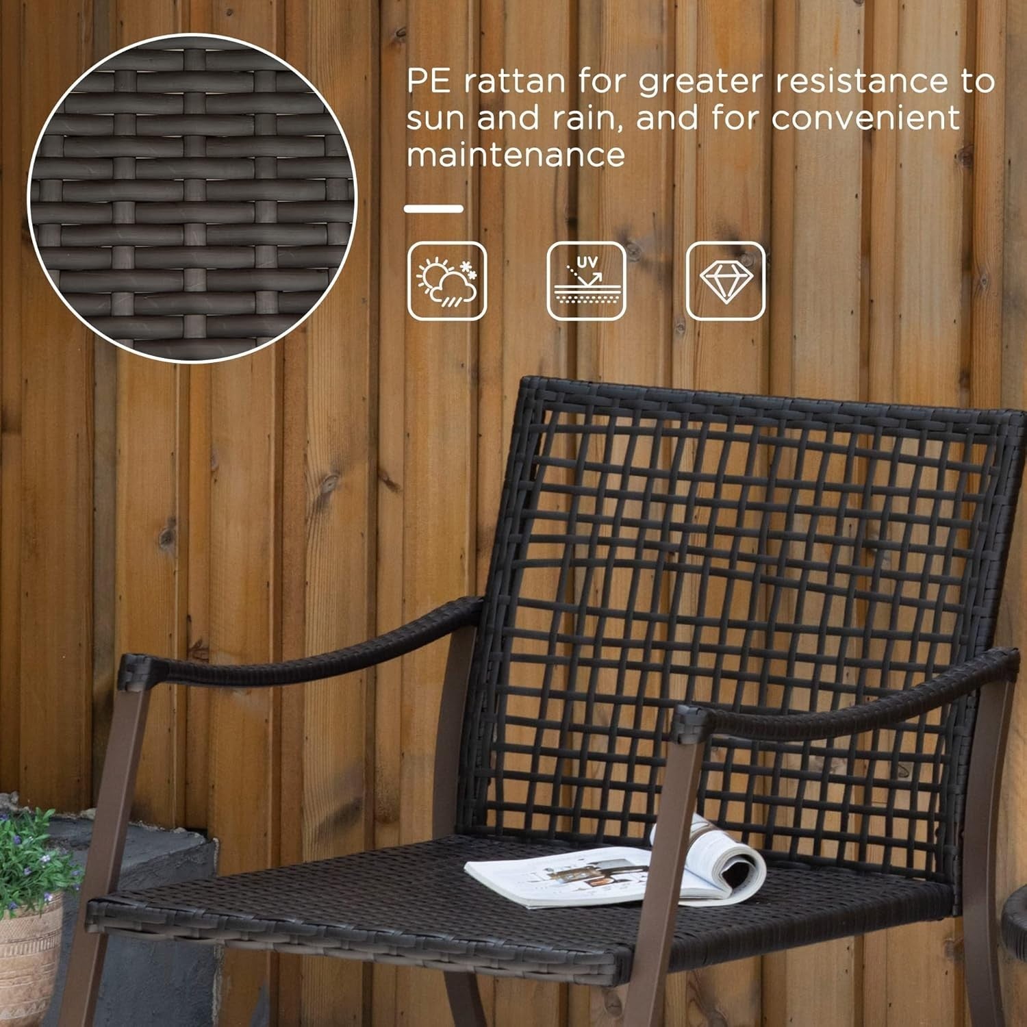 Rocking Rattan Bistro Set 3PC Armchairs Round Glass Table Cushioned Patio