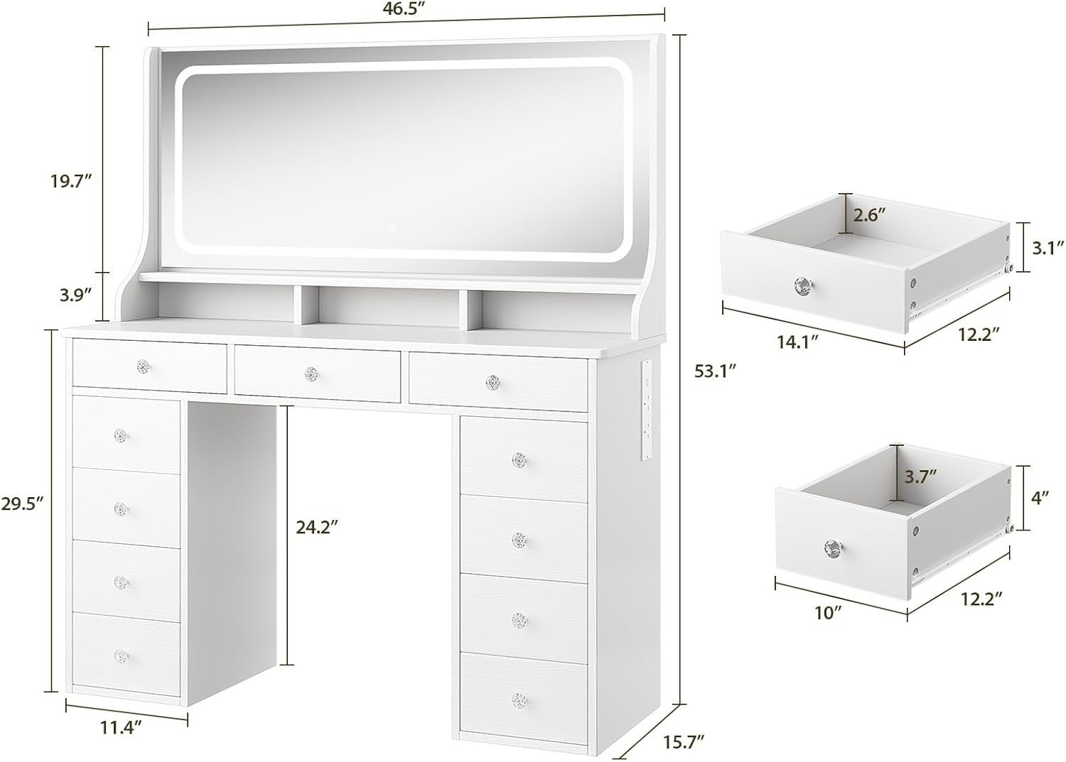 Large White Vanity Dressing Table Desk 11 Drawers LED Mirror Makeup Storage