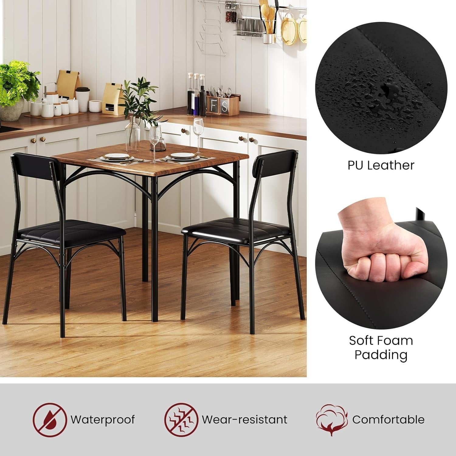 Compact 3-Piece Dining Set with Padded Chairs | Space-Saving Kitchen Table