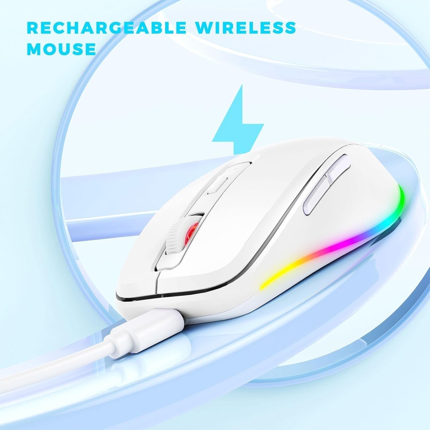 White RGB Wireless Mouse Rechargeable Silent USB Jiggler Mode